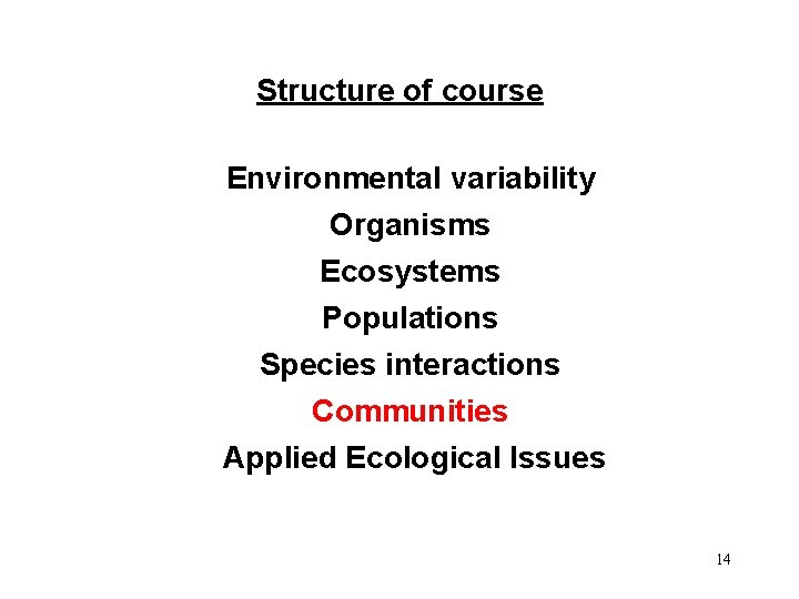 Structure of course Environmental variability Organisms Ecosystems Populations Species interactions Communities Applied Ecological Issues
