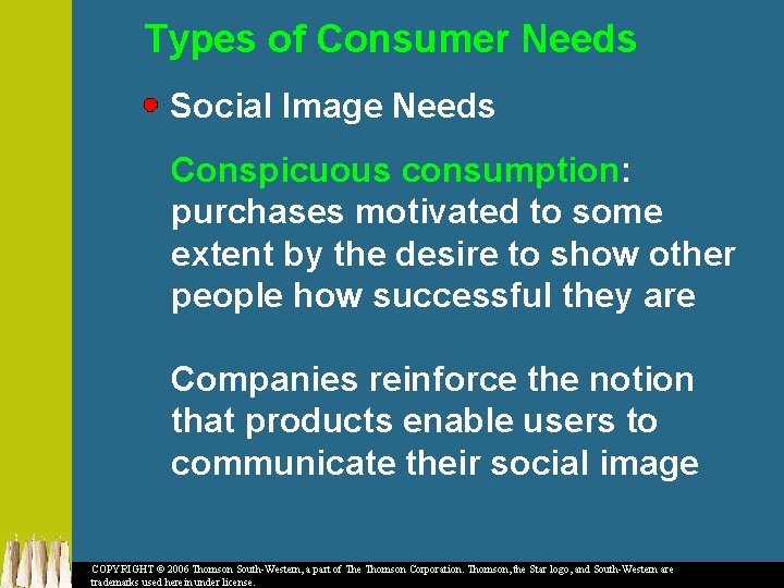 Types of Consumer Needs Social Image Needs Conspicuous consumption: purchases motivated to some extent