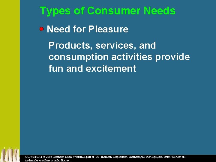 Types of Consumer Needs Need for Pleasure Products, services, and consumption activities provide fun