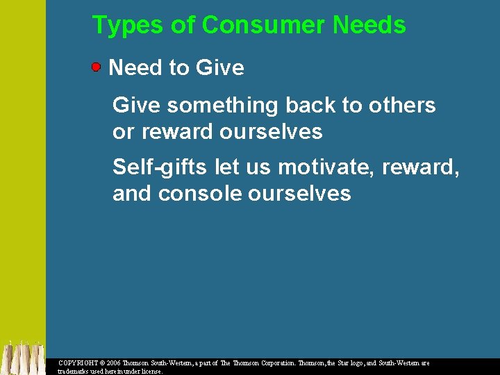 Types of Consumer Needs Need to Give something back to others or reward ourselves