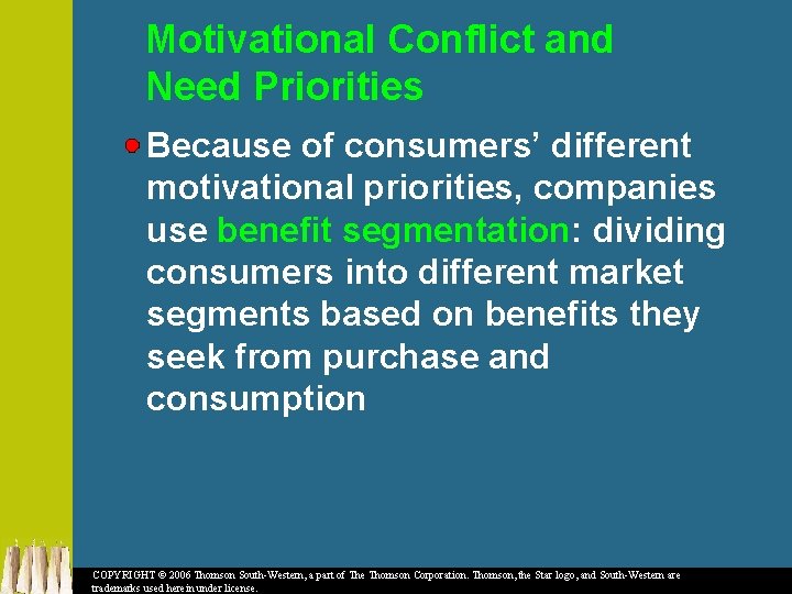 Motivational Conflict and Need Priorities Because of consumers’ different motivational priorities, companies use benefit
