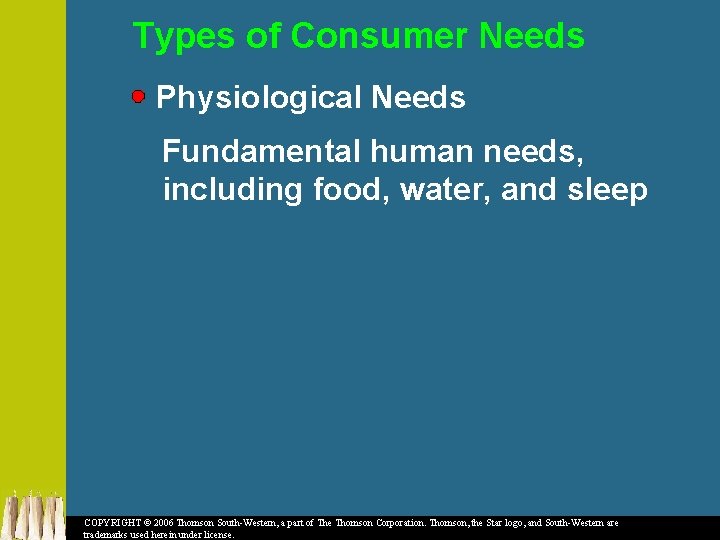 Types of Consumer Needs Physiological Needs Fundamental human needs, including food, water, and sleep