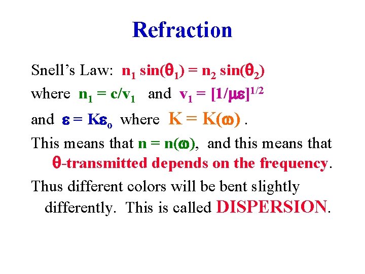 Refraction Snell’s Law: n 1 sin( 1) = n 2 sin( 2) where n