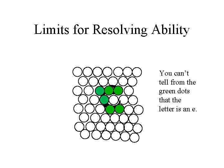 Limits for Resolving Ability e You can’t tell from the green dots that the