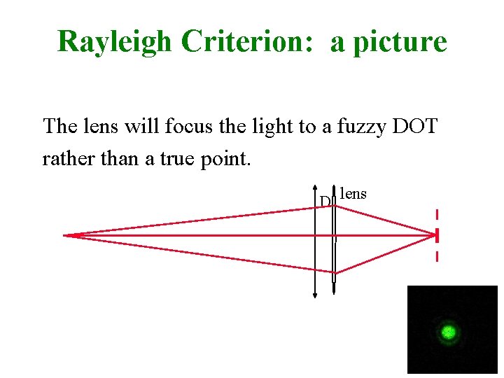 Rayleigh Criterion: a picture The lens will focus the light to a fuzzy DOT