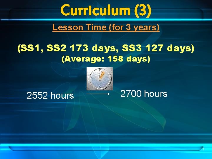 Curriculum (3) Lesson Time (for 3 years) (SS 1, SS 2 173 days, SS