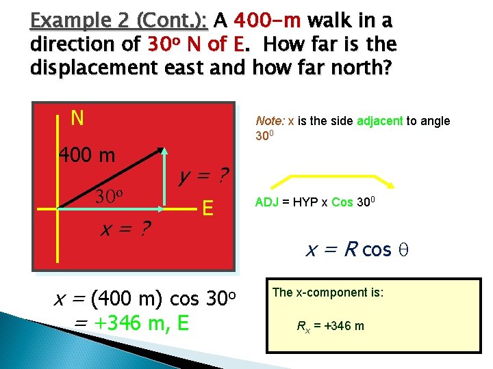 Example 2 (Cont. ): A 400 -m walk in a direction of 30 o