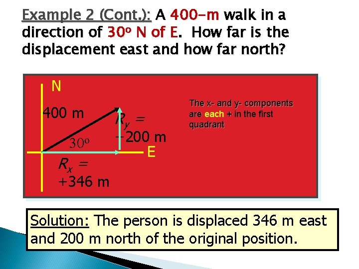 Example 2 (Cont. ): A 400 -m walk in a direction of 30 o