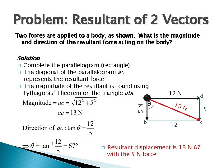 Problem: Resultant of 2 Vectors Two forces are applied to a body, as shown. Problem: Resultant of 2 Vectors Two forces are applied to a body, as shown.