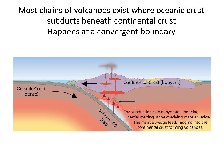 Most chains of volcanoes exist where oceanic crust subducts beneath continental crust Happens at