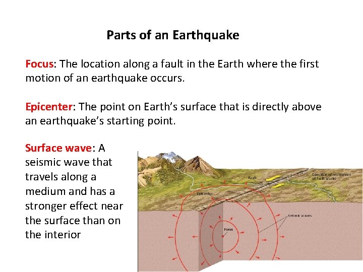 Parts of an Earthquake Focus: The location along a fault in the Earth where