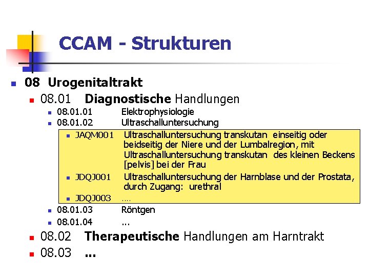 CCAM - Strukturen n 08 Urogenitaltrakt n 08. 01 Diagnostische Handlungen n n 08.