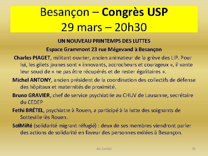 Besançon – Congrès USP 29 mars – 20 h 30 UN NOUVEAU PRINTEMPS DES