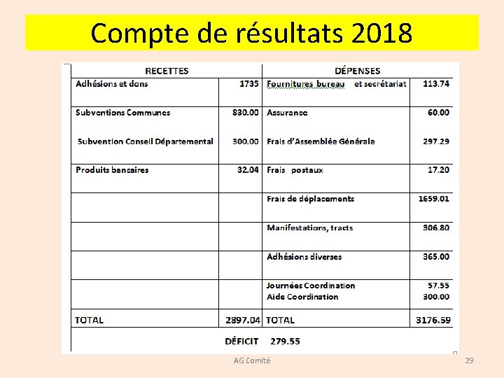 Compte de résultats 2018 AG Comité 29 