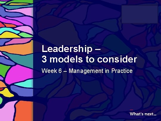 Leadership – 3 models to consider Week 6 – Management in Practice 