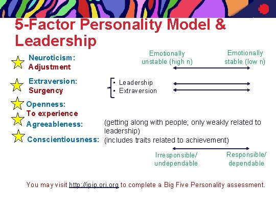 5 -Factor Personality Model & Leadership Neuroticism: Adjustment Extraversion: Surgency Emotionally unstable (high n)