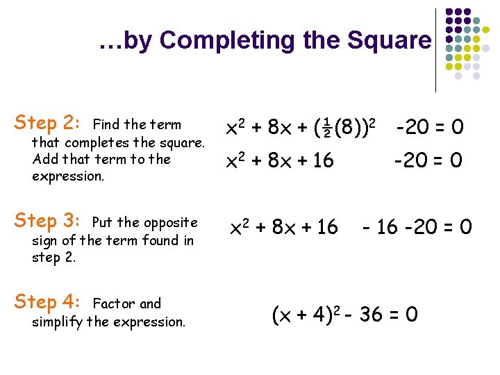 …by Completing the Square Step 2: Find the term that completes the square. Add
