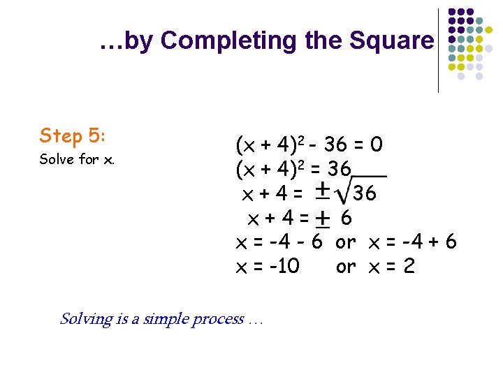 …by Completing the Square Step 5: Solve for x. (x + 4)2 - 36