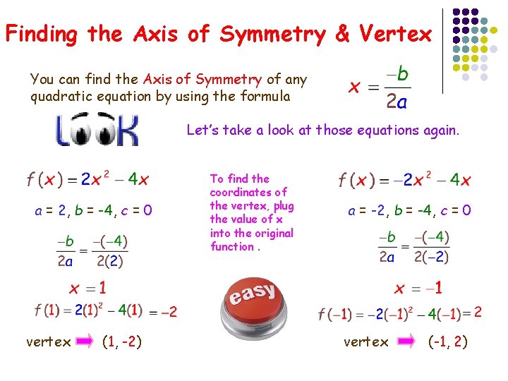 Finding the Axis of Symmetry & Vertex You can find the Axis of Symmetry