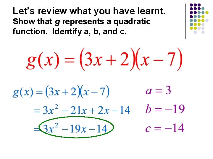 Let’s review what you have learnt. Show that g represents a quadratic function. Identify