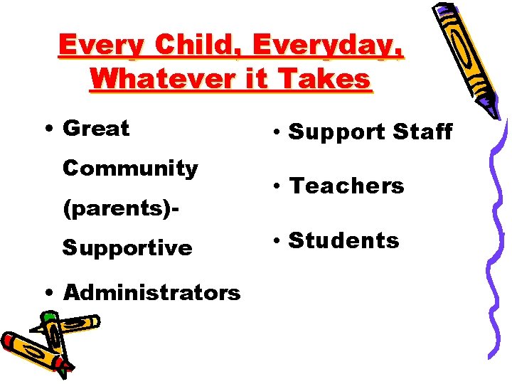 Every Child, Everyday, Whatever it Takes • Great Community (parents)Supportive • Administrators • Support