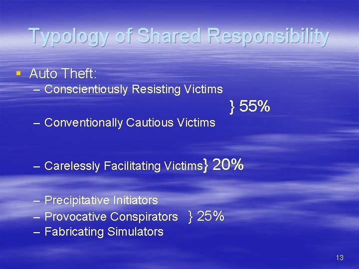 Typology of Shared Responsibility § Auto Theft: – Conscientiously Resisting Victims } 55% –