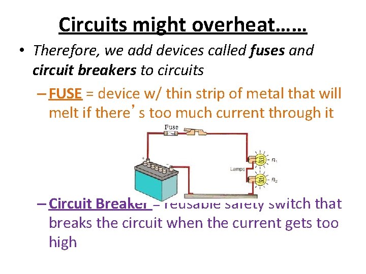 Circuits might overheat…… • Therefore, we add devices called fuses and circuit breakers to