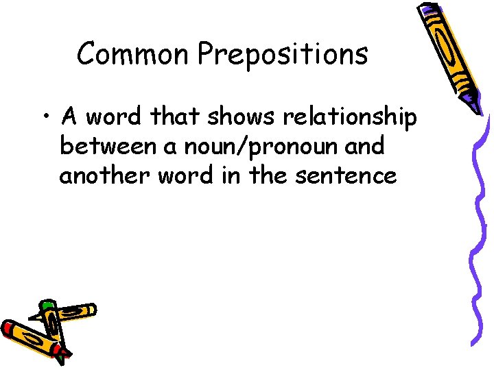 Common Prepositions • A word that shows relationship between a noun/pronoun and another word