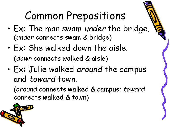 Common Prepositions • Ex: The man swam under the bridge. (under connects swam &