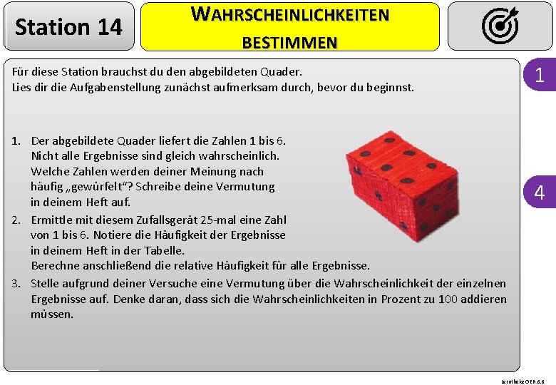 Station 14 WAHRSCHEINLICHKEITEN BESTIMMEN 1 Für diese Station brauchst du den abgebildeten Quader. Lies