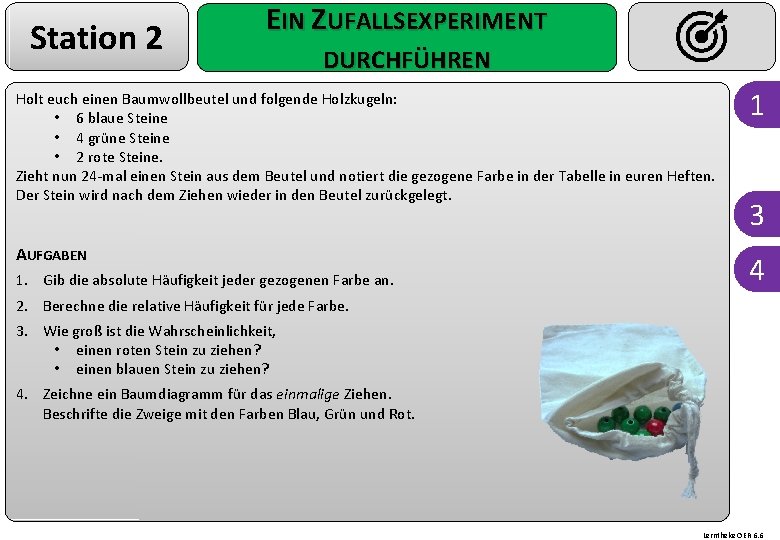Station 2 EIN ZUFALLSEXPERIMENT DURCHFÜHREN Holt euch einen Baumwollbeutel und folgende Holzkugeln: • 6 Station 2 EIN ZUFALLSEXPERIMENT DURCHFÜHREN Holt euch einen Baumwollbeutel und folgende Holzkugeln: • 6