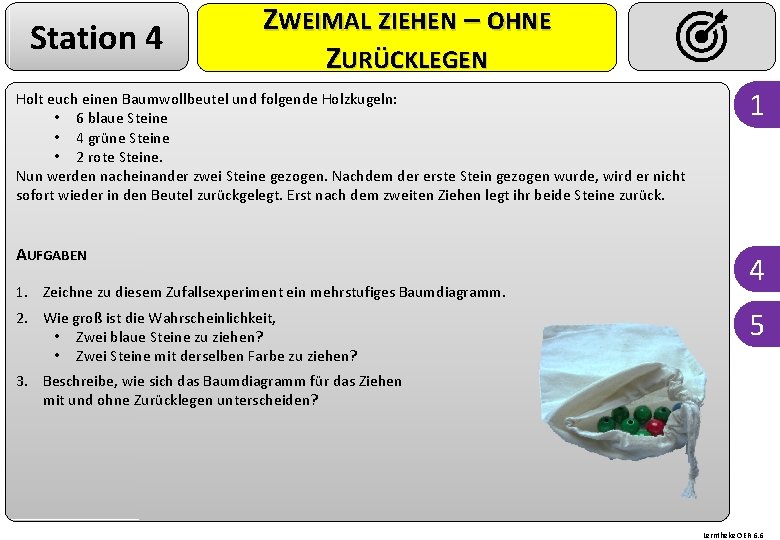 Station 4 ZWEIMAL ZIEHEN – OHNE ZURÜCKLEGEN Holt euch einen Baumwollbeutel und folgende Holzkugeln: Station 4 ZWEIMAL ZIEHEN – OHNE ZURÜCKLEGEN Holt euch einen Baumwollbeutel und folgende Holzkugeln: