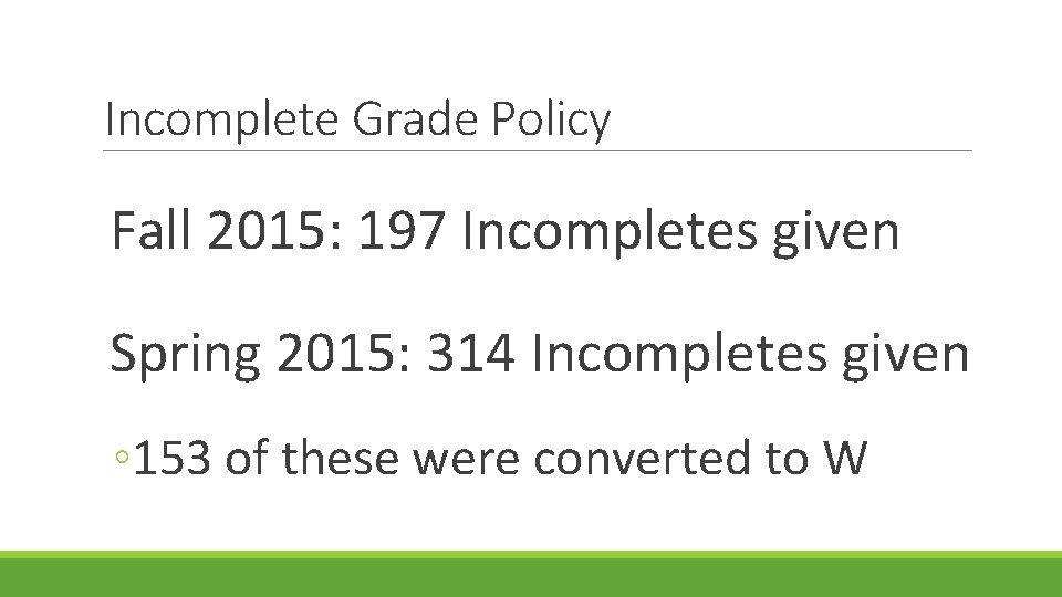 Incomplete Grade Policy Fall 2015: 197 Incompletes given Spring 2015: 314 Incompletes given ◦