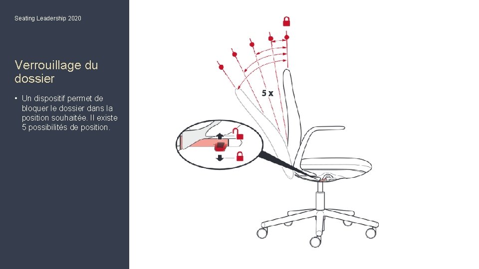Seating Leadership 2020 Verrouillage du dossier • Un dispositif permet de bloquer le dossier