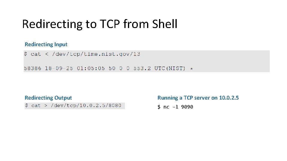 Redirecting to TCP from Shell Redirecting Input Redirecting Output Running a TCP server on