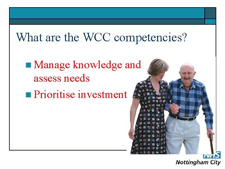 What are the WCC competencies? n Manage knowledge and assess needs n Prioritise investment