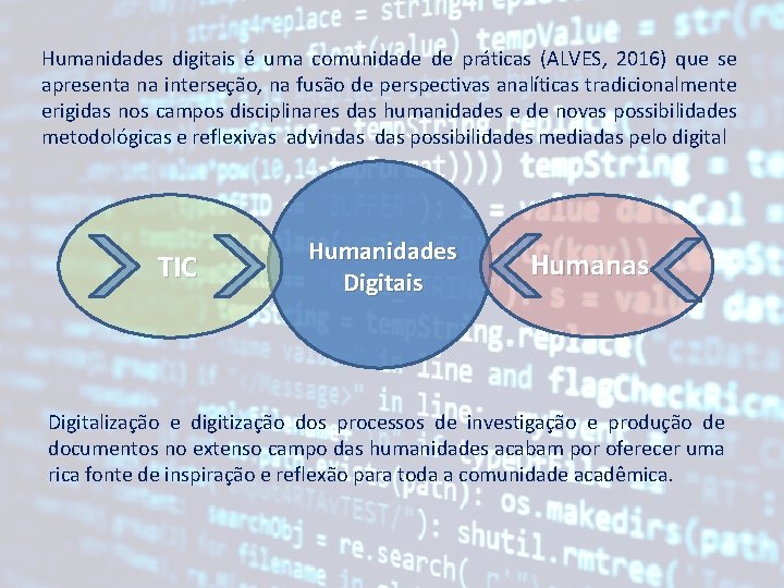 Humanidades digitais é uma comunidade de práticas (ALVES, 2016) que se apresenta na interseção,