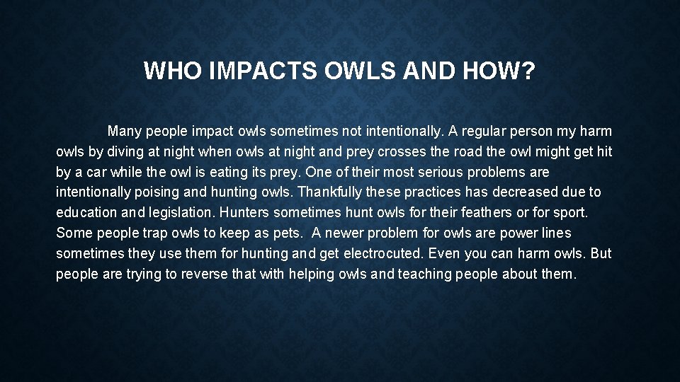 WHO IMPACTS OWLS AND HOW? Many people impact owls sometimes not intentionally. A regular