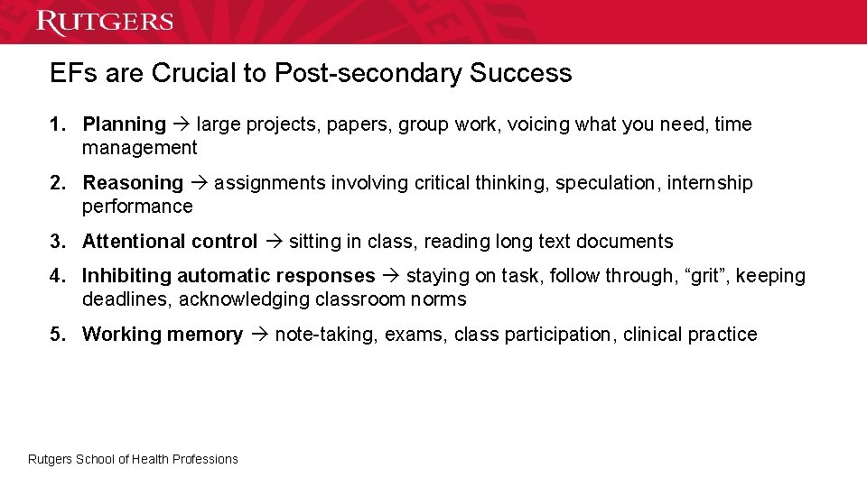 EFs are Crucial to Post-secondary Success 1. Planning large projects, papers, group work, voicing