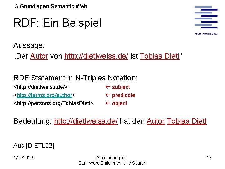 3. Grundlagen Semantic Web RDF: Ein Beispiel Aussage: „Der Autor von http: //dietlweiss. de/