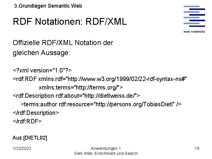 3. Grundlagen Semantic Web RDF Notationen: RDF/XML Offizielle RDF/XML Notation der gleichen Aussage: <?
