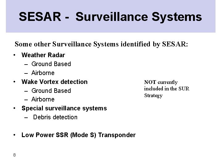 SESAR - Surveillance Systems Some other Surveillance Systems identified by SESAR: • Weather Radar SESAR - Surveillance Systems Some other Surveillance Systems identified by SESAR: • Weather Radar