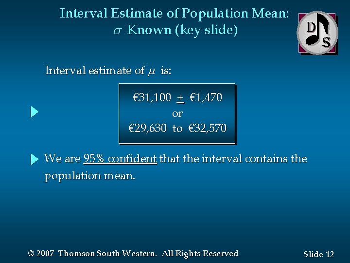Interval Estimate of Population Mean: Known (key slide) D S Interval estimate of is: Interval Estimate of Population Mean: Known (key slide) D S Interval estimate of is: