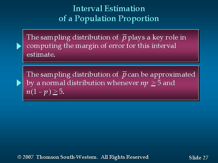 Interval Estimation of a Population Proportion The sampling distribution of plays a key role Interval Estimation of a Population Proportion The sampling distribution of plays a key role