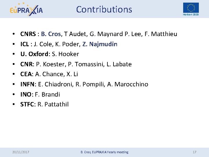 Contributions • • Horizon 2020 CNRS : B. Cros, T Audet, G. Maynard P.