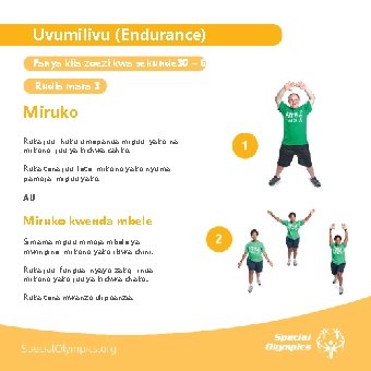 Uvumilivu (Endurance) Fanya kila zoezi kwa sekunde 30 – 60 Rudia mara 3 Miruko