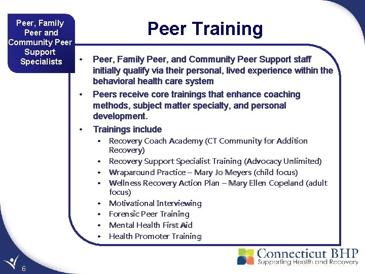Peer, Family Peer and Community Peer Support • Specialists • • Peer Training Peer,