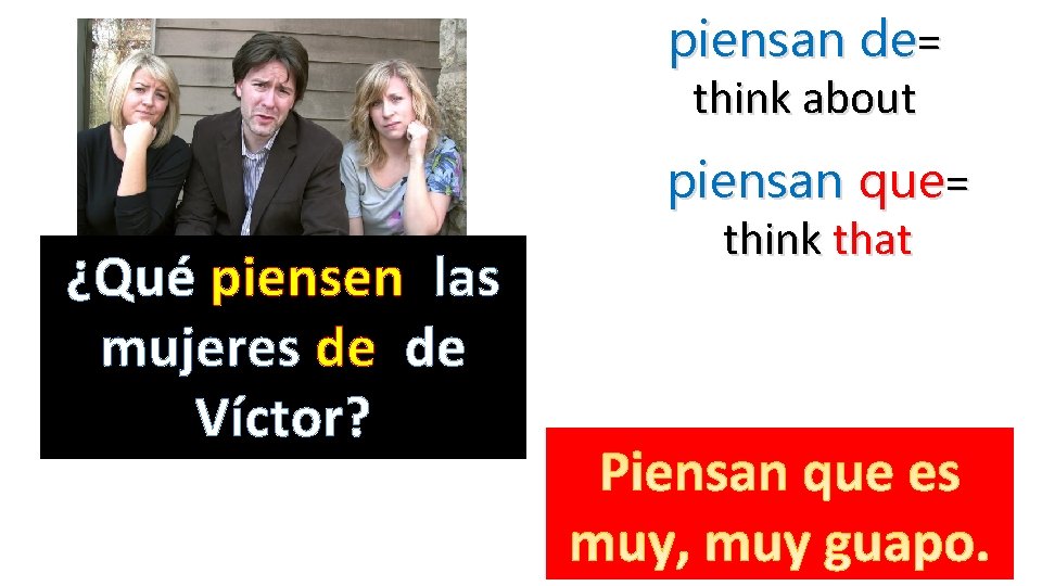 piensan de= think about ¿Qué piensen las mujeres de de Víctor? piensan que= think