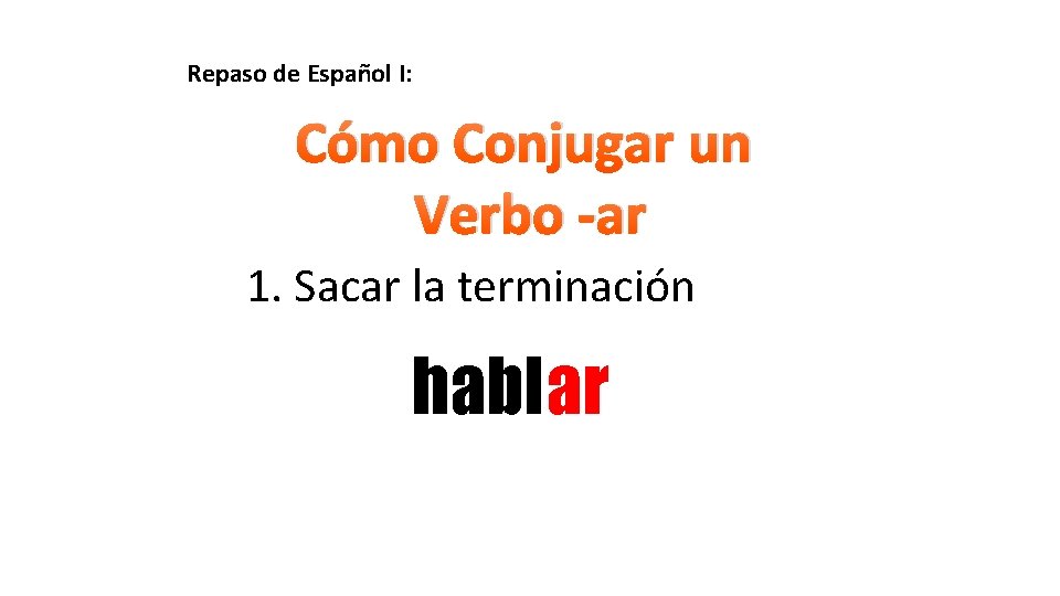 Repaso de Español I: Cómo Conjugar un Verbo -ar 1. Sacar la terminación hablar