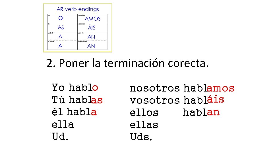 2. Poner la terminación corecta. Yo hablo Tú hablas él habla ella Ud. nosotros